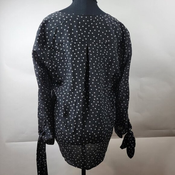 Madewell 100% Silk Star Print Blouse M Black White | Tie Sleeve, Button Front - Picture 13 of 16